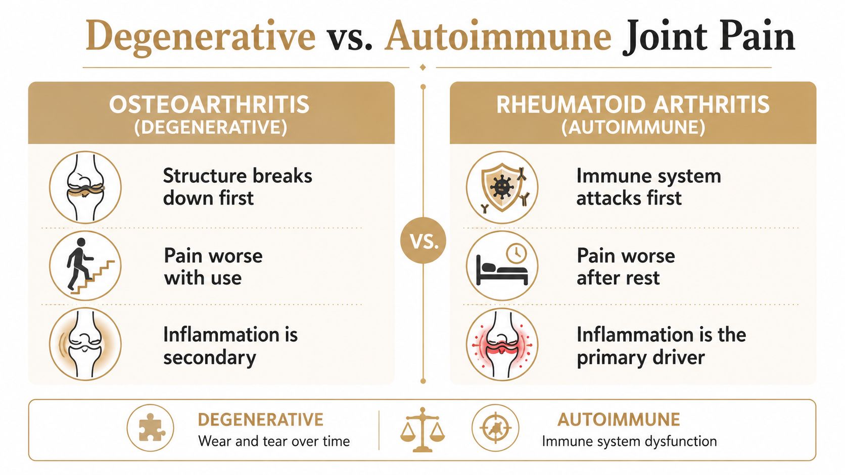A comparison chart showing differences between osteoarthritis degenerative joint pain and rheumatoid arthritis autoimmune joint pain causes.