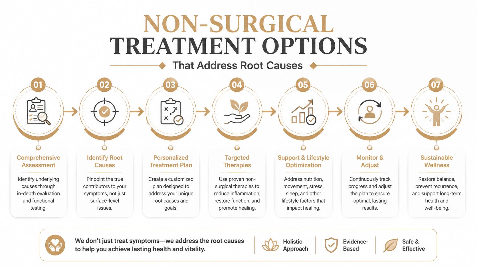 An infographic detailing a seven-step non-surgical treatment process to address the root causes of chronic pain.