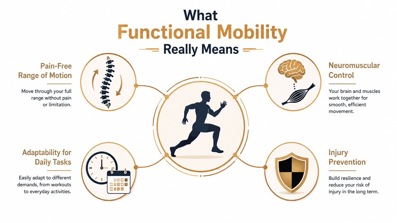 A diagram illustrating the four key components of functional mobility: range of motion, neuromuscular control, adaptability, and injury prevention.