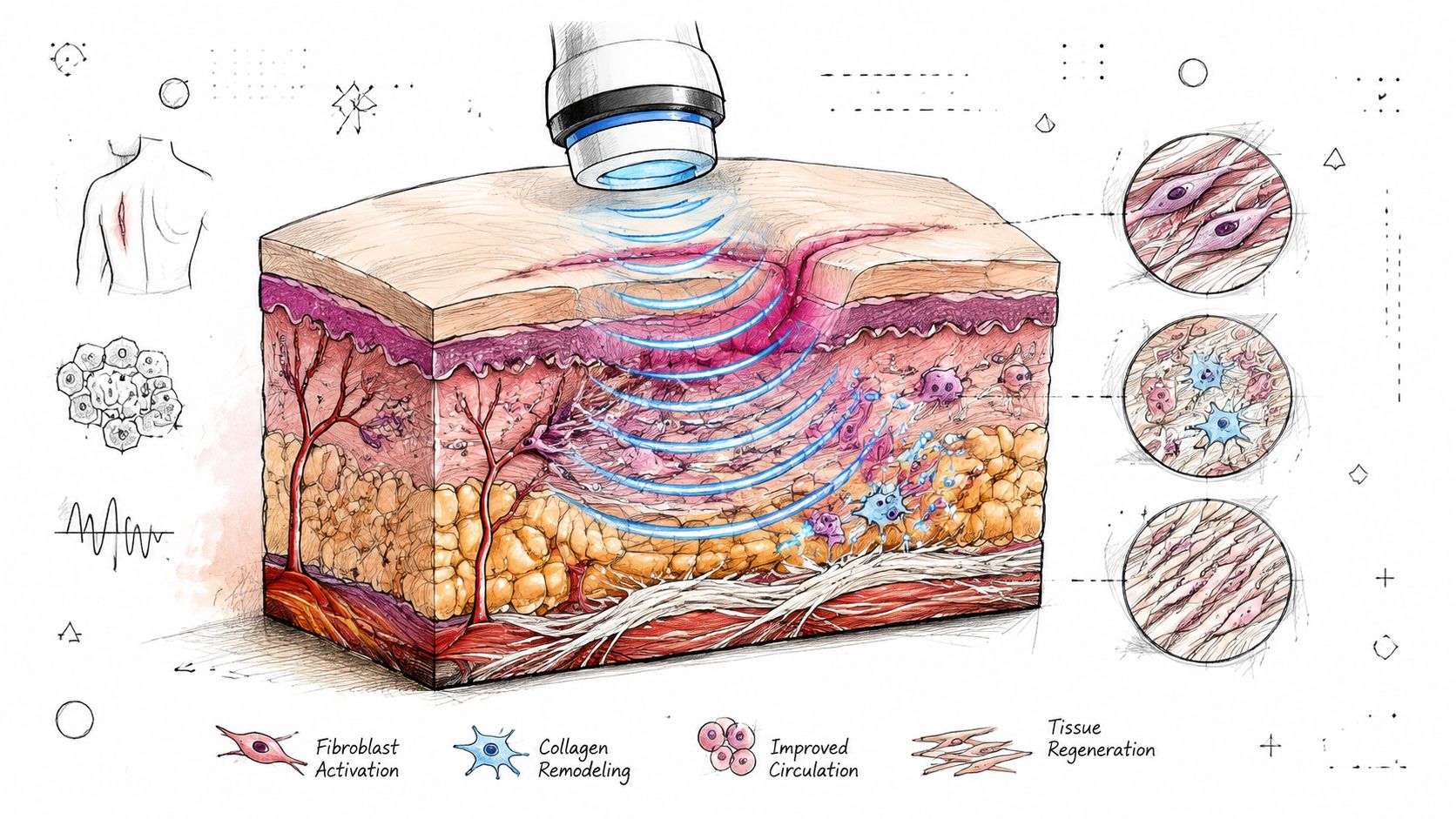 A detailed medical illustration showing how SoftWave therapy uses acoustic waves to stimulate tissue regeneration and healing.