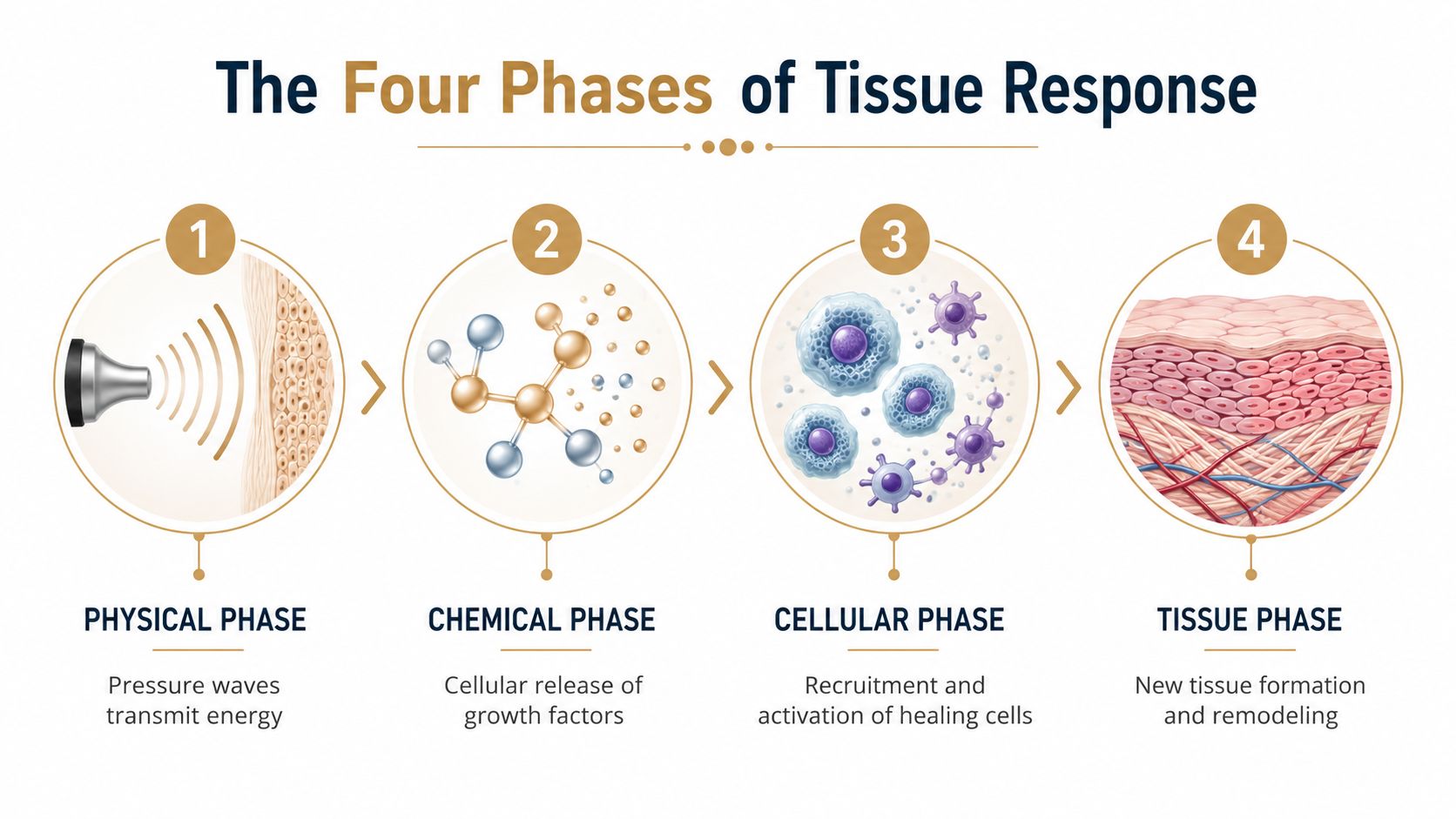 A diagram illustrating the four phases of tissue response during softwave therapy treatment, showing physical, chemical, cellular, and tissue stages.