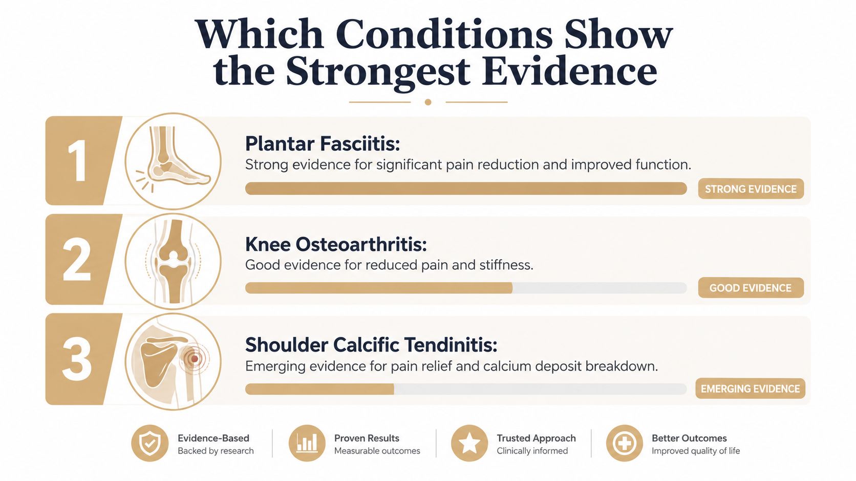 A graphic showing levels of medical evidence for Plantar Fasciitis, Knee Osteoarthritis, and Shoulder Calcific Tendinitis treatments.