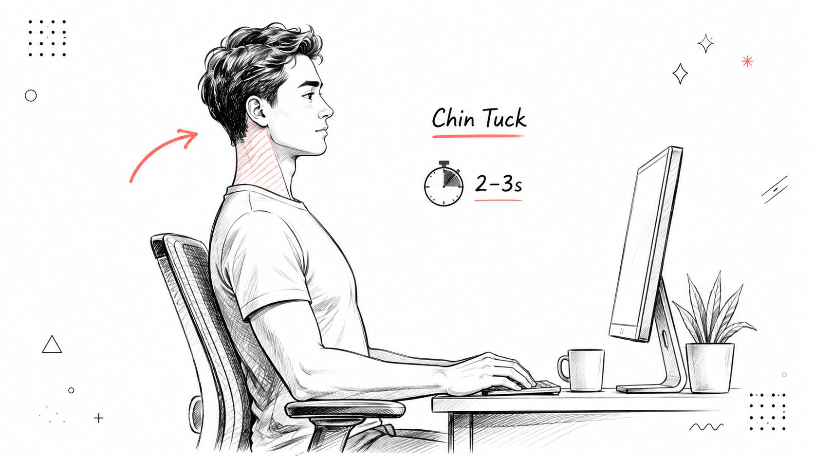 A man performing a chin tuck exercise while sitting at his desk to improve neck posture.