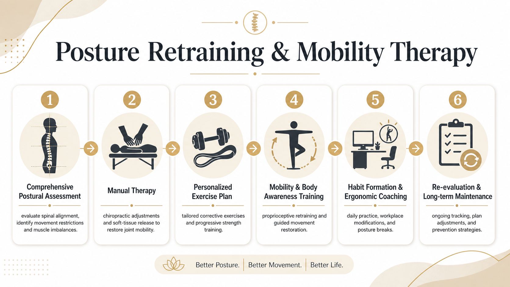 A six-step infographic illustrating a postural retraining and mobility therapy process for improved physical alignment and health.