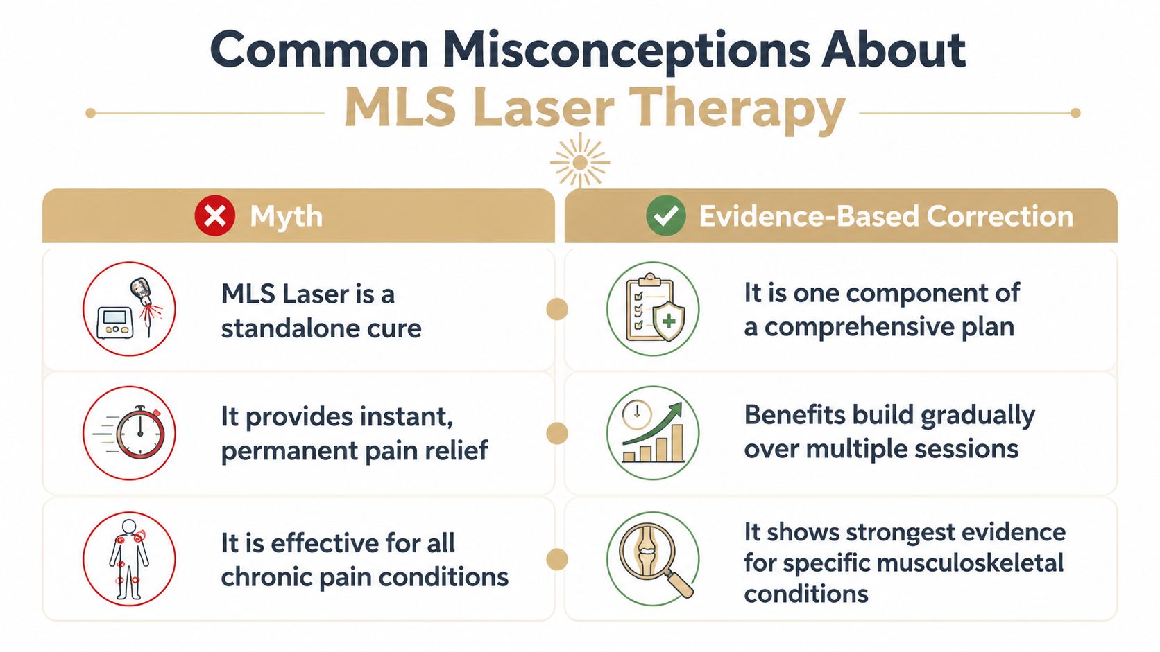A chart comparing common myths about MLS laser therapy with evidence-based corrections regarding its effective use.