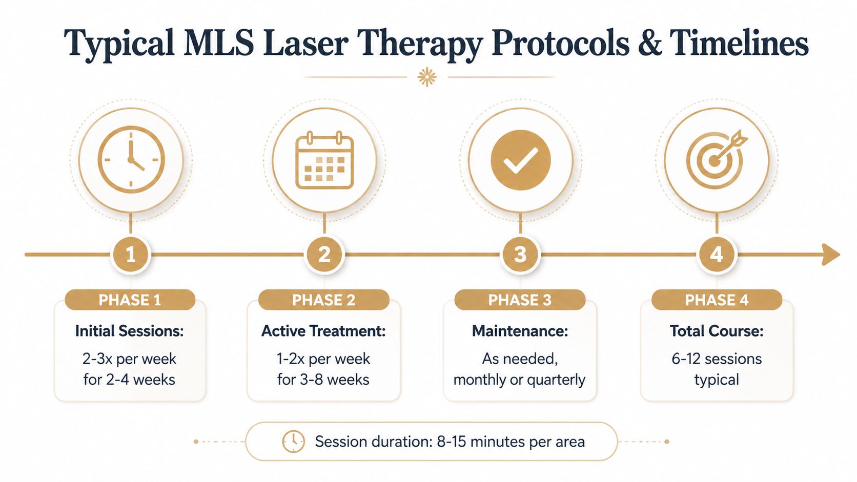 A diagram outlining the four phases of MLS laser therapy protocols and timelines for patient treatment plans.