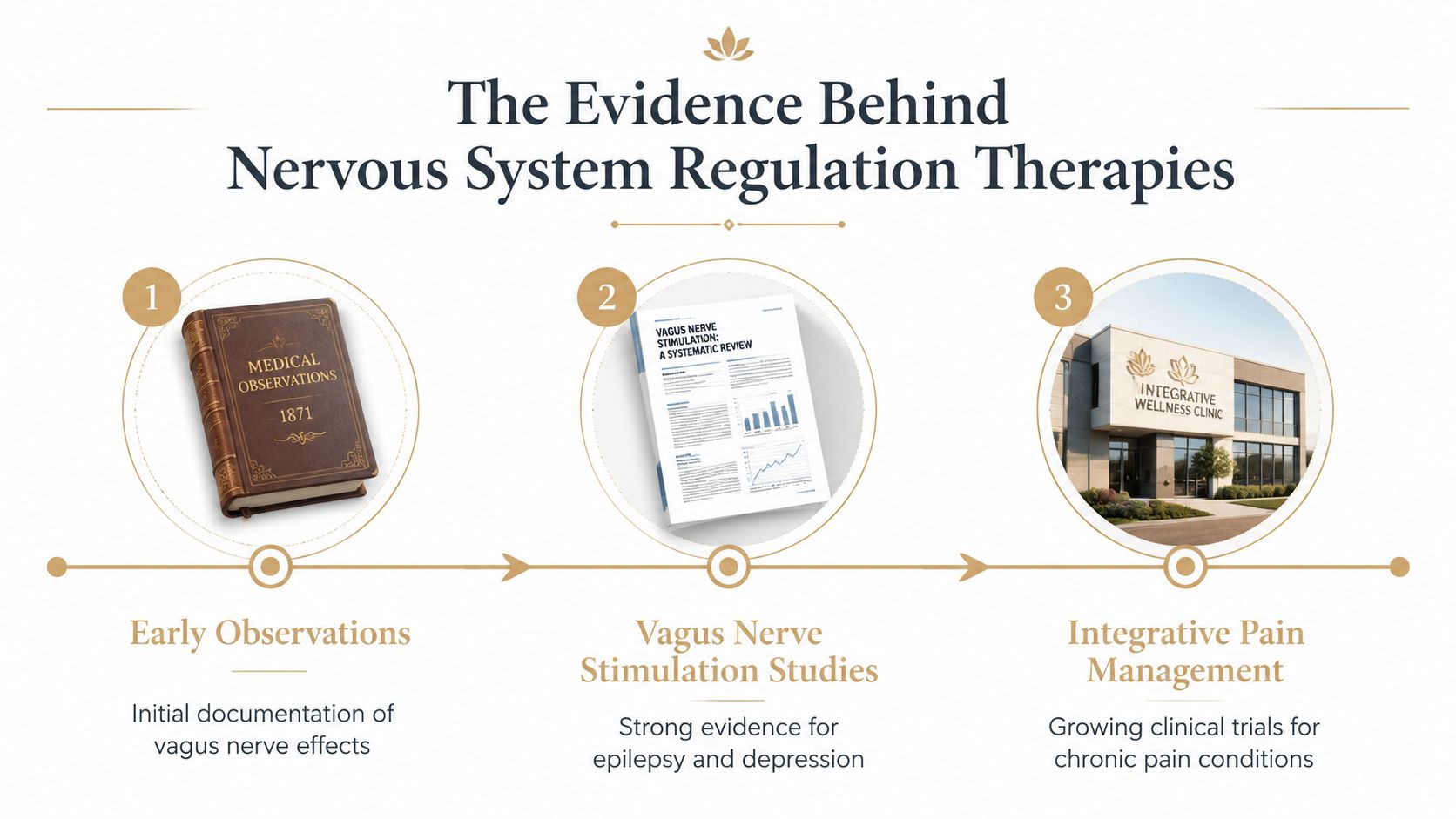 An infographic showing the evolution of nervous system regulation therapies from early observations to modern clinical trials.
