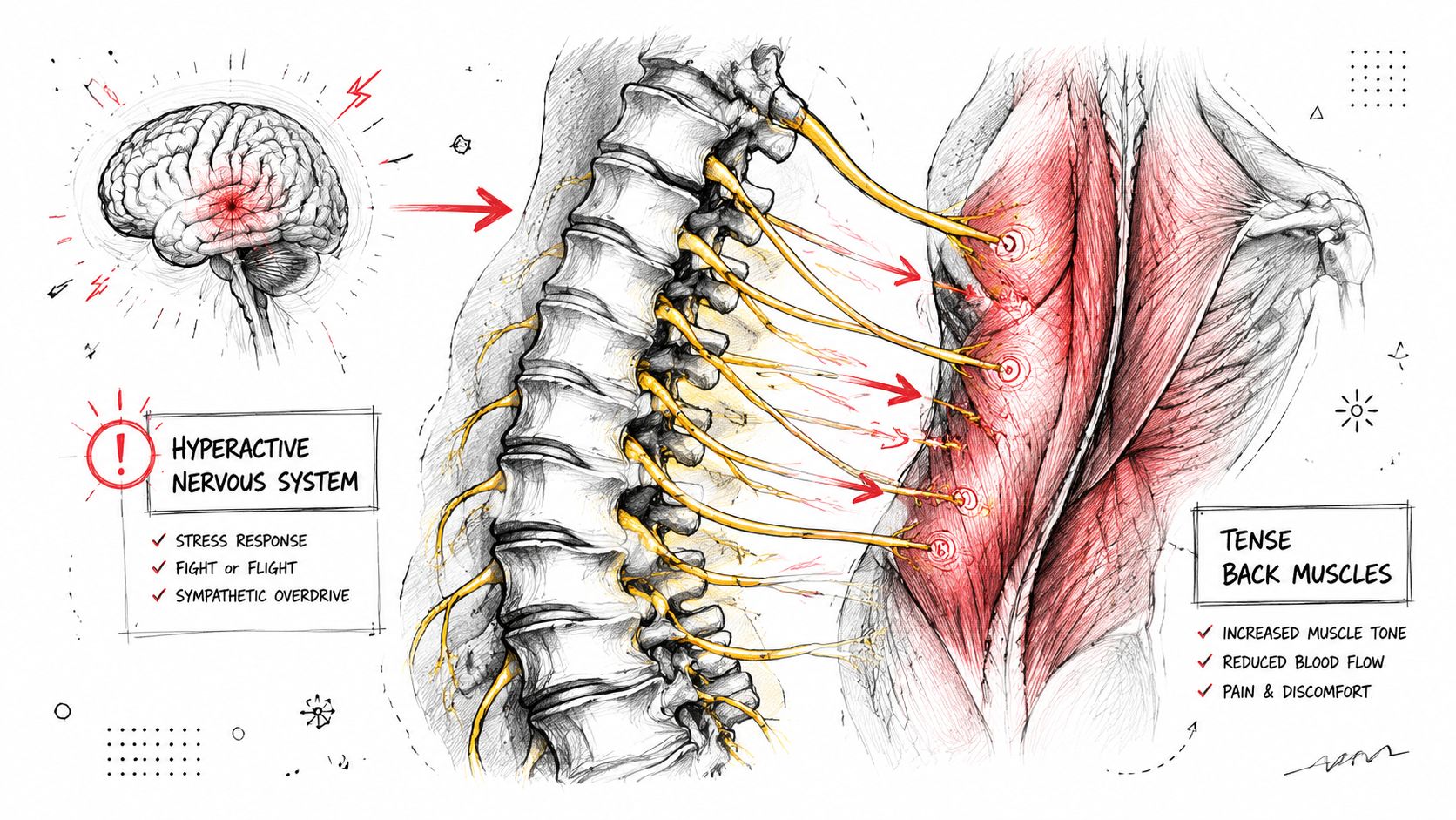 An anatomical illustration showing the connection between a stressed brain, nervous system, and tense back muscles.