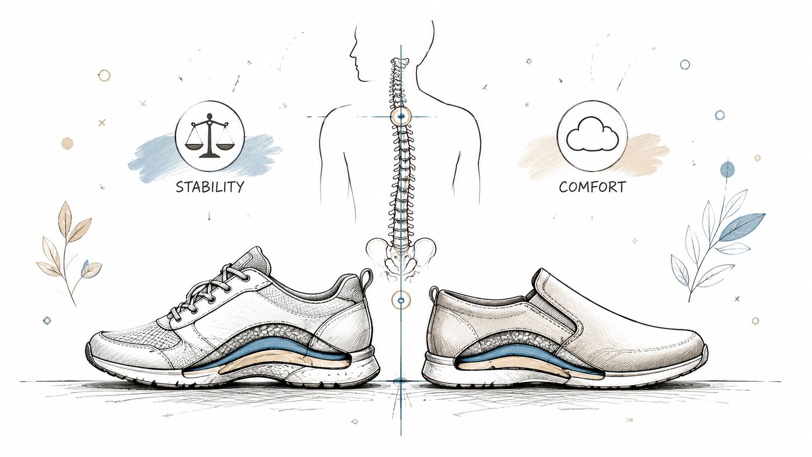 A diagram comparing athletic sneakers and slip-on shoes focusing on spinal alignment, stability, and cushioned comfort.