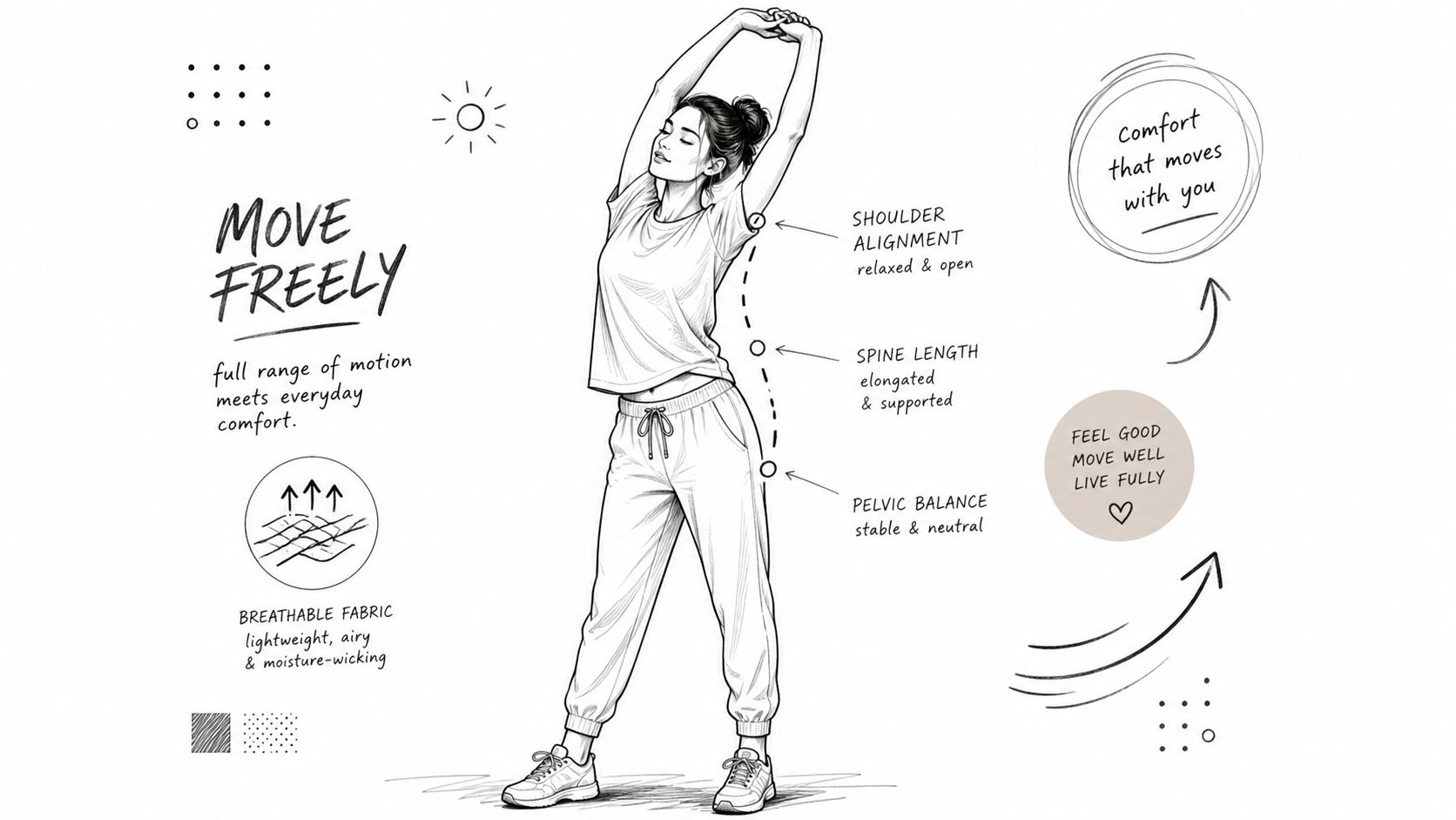 A line drawing illustration showing a woman stretching, highlighting benefits for spinal alignment, pelvic balance, and comfortable clothing.