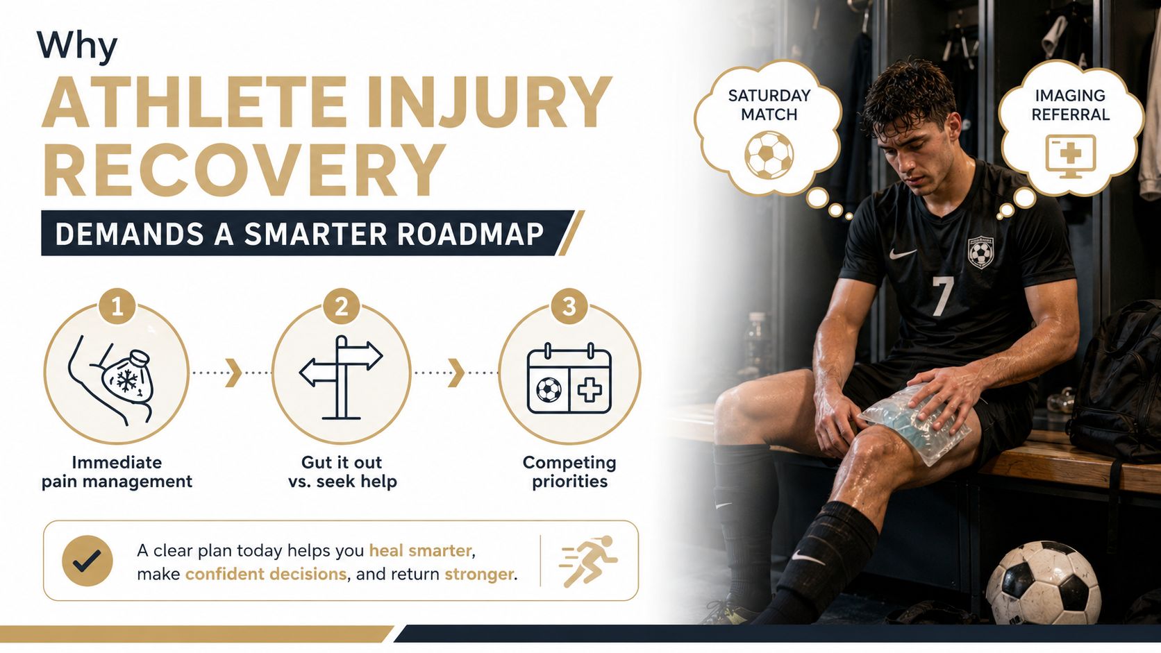 An athlete with an injured knee sitting in a locker room thinking about his upcoming match and treatment.