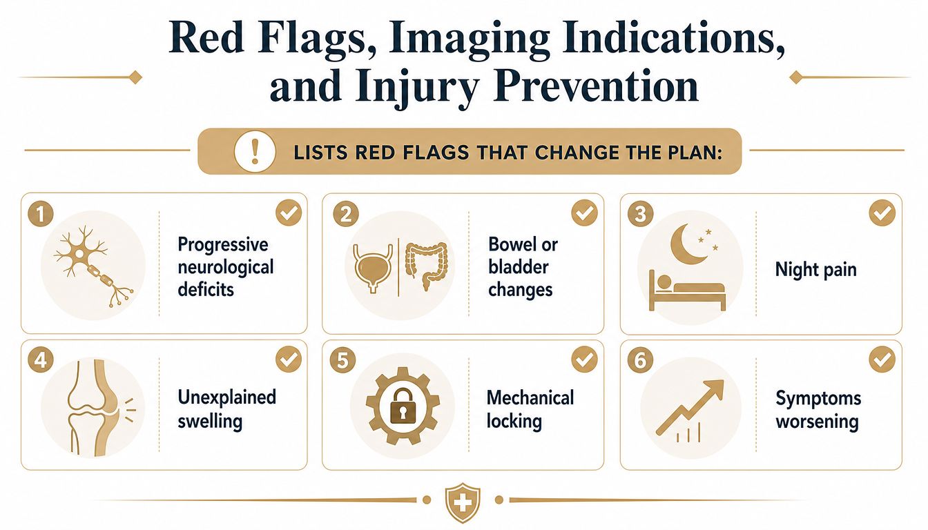 An infographic listing six medical red flags that require immediate change to a patient's treatment plan.