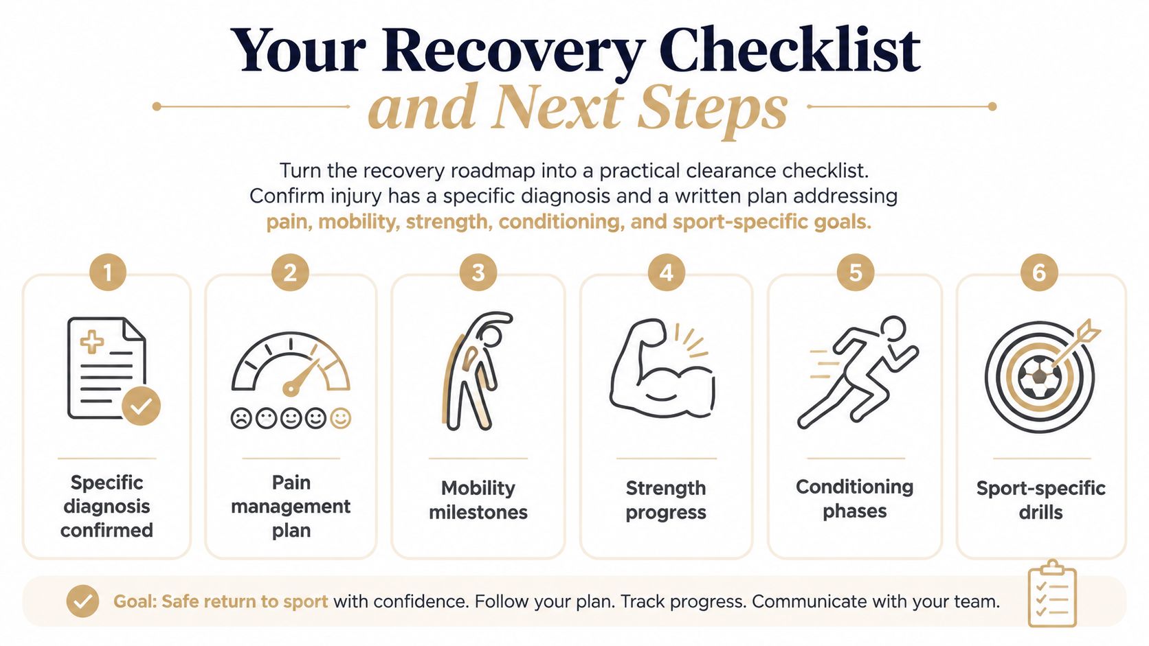 A six-step recovery checklist for athletes to safely return to sports after sustaining an injury.