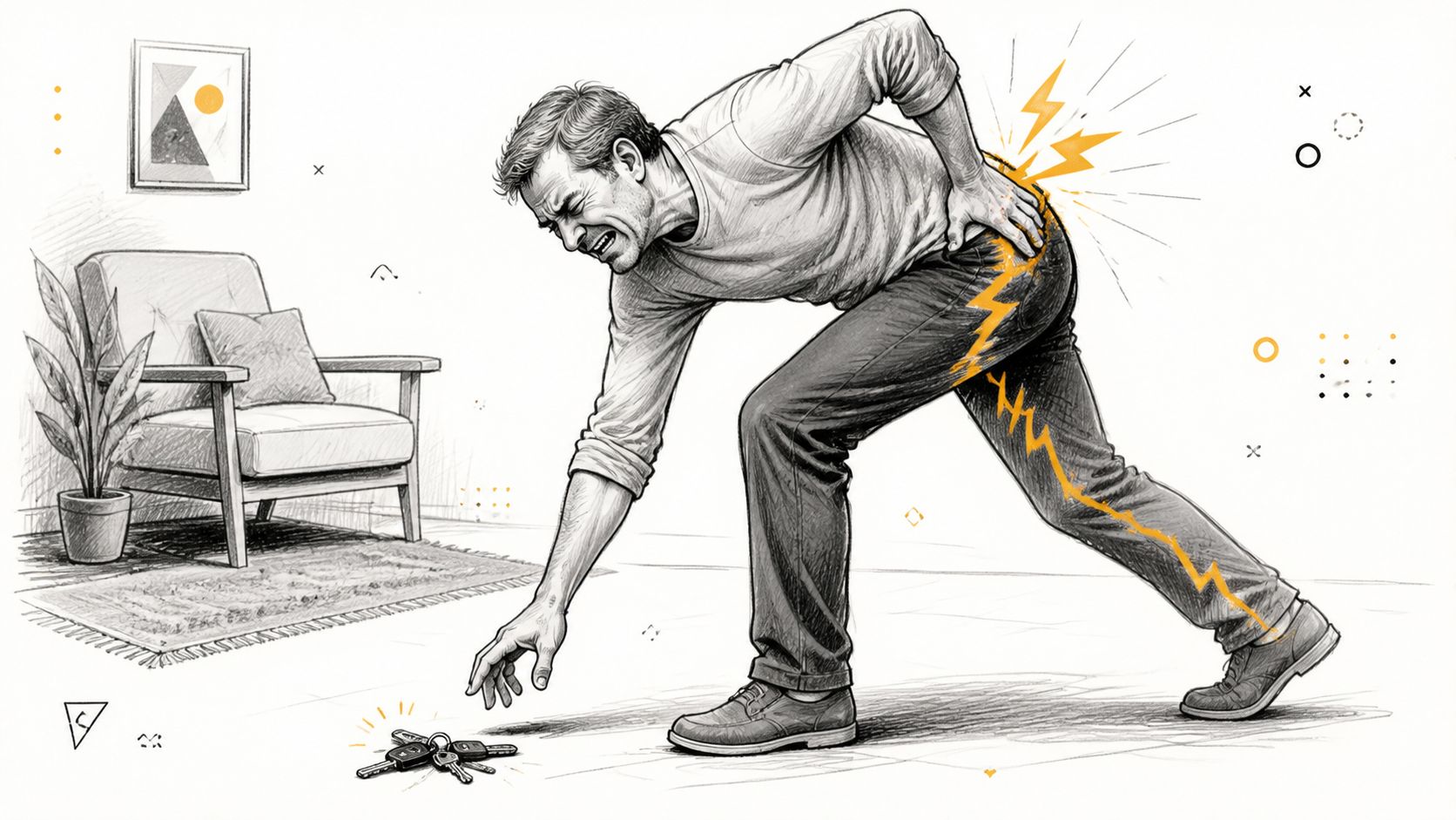 A man grimacing in pain while reaching for keys on the floor, symbolizing sciatic nerve pain.