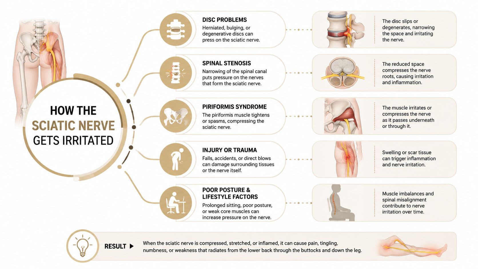 An infographic showing common causes of sciatic nerve pain including disc problems, spinal stenosis, and piriformis syndrome.