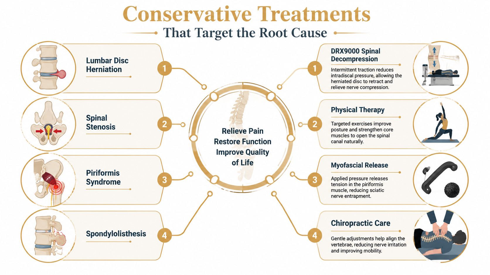 An infographic showing conservative treatments for conditions that cause sciatic nerve pain like herniation and stenosis.