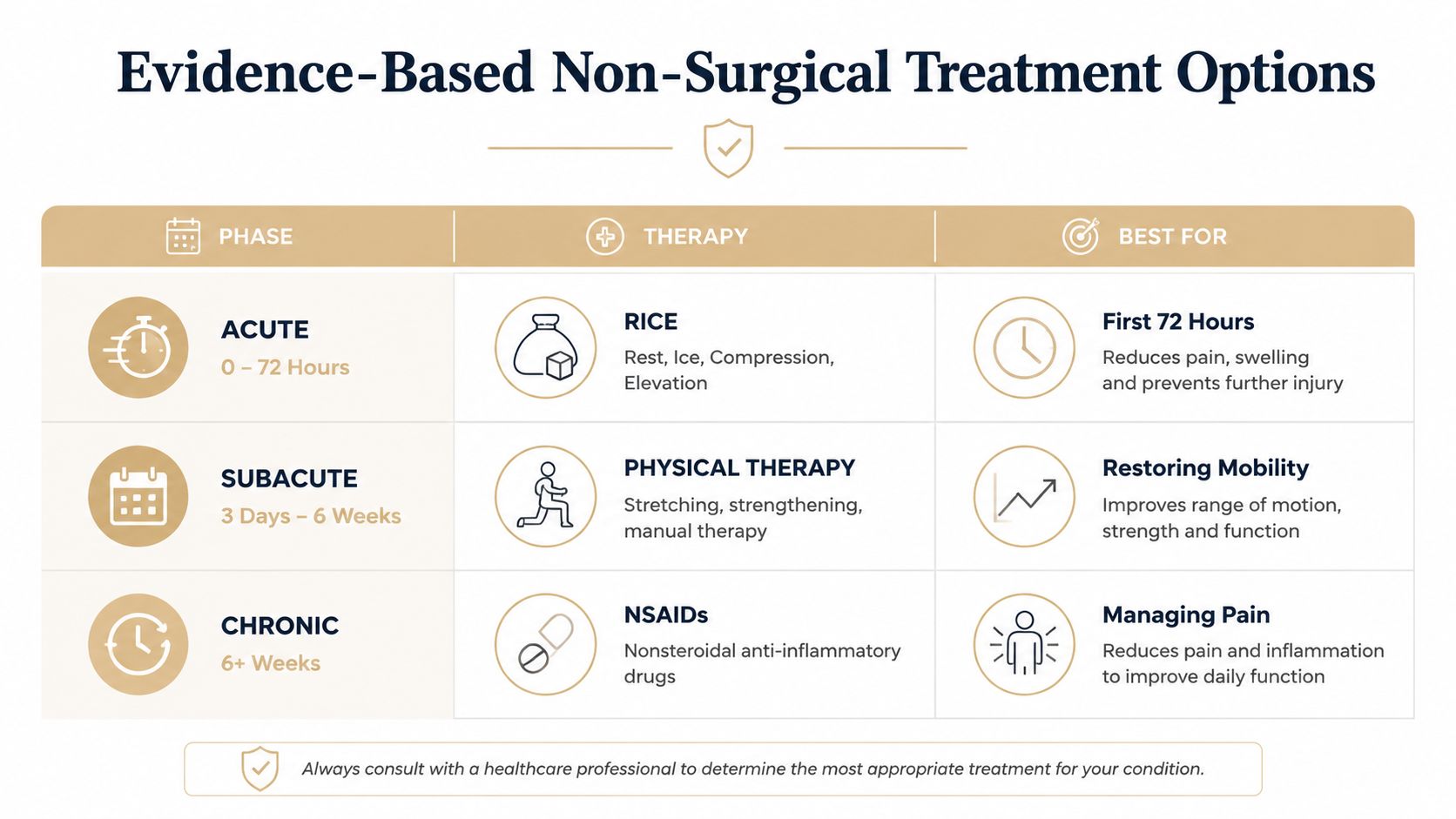 A chart detailing evidence-based non-surgical treatment options for injuries categorized by acute, subacute, and chronic phases.