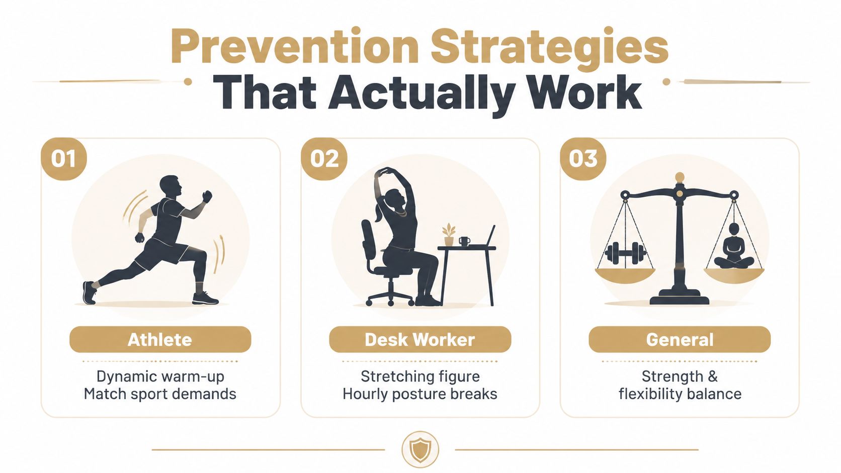 A graphic showing injury prevention strategies for an athlete, desk worker, and the general public.