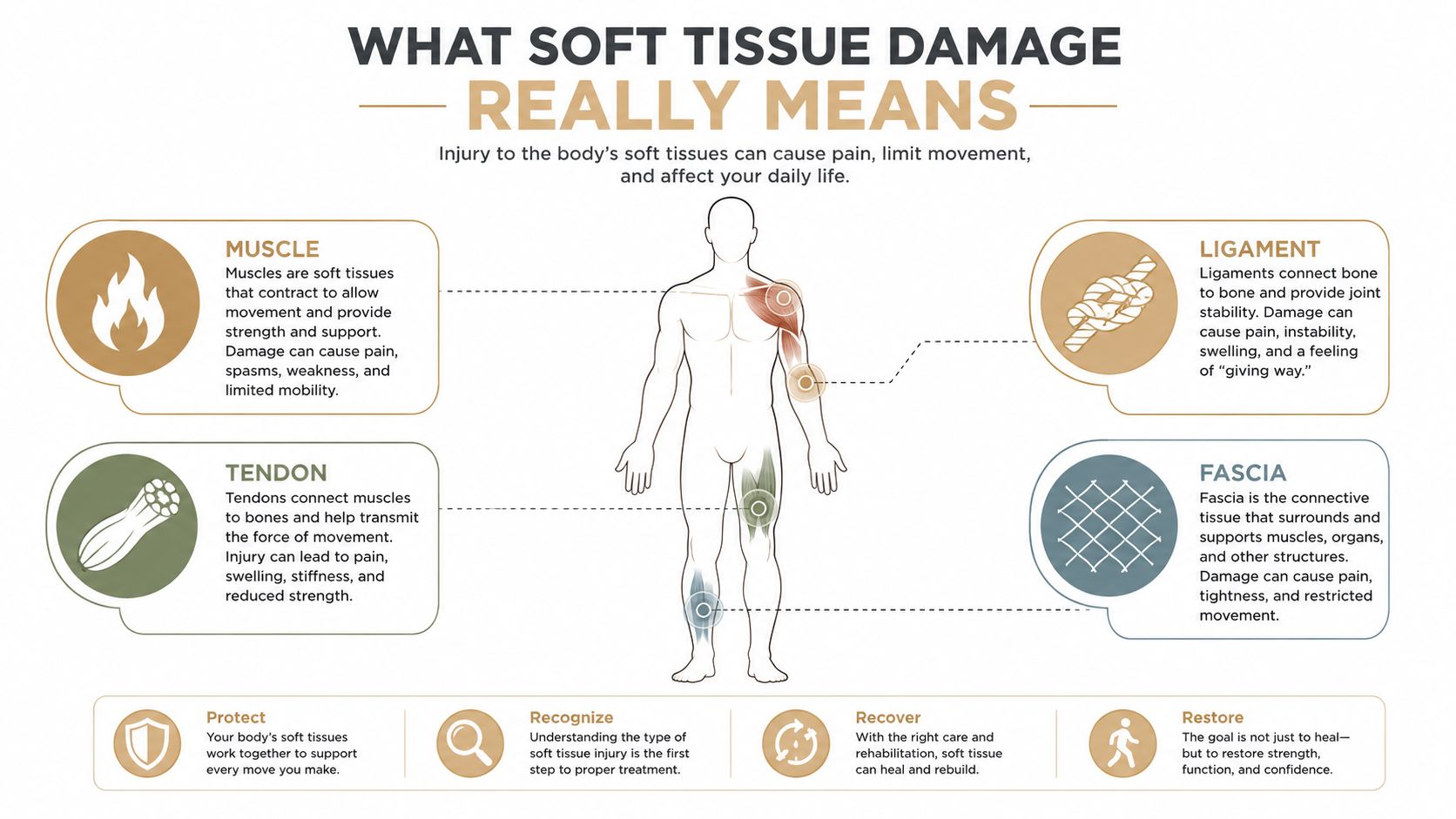 An infographic showing the four types of soft tissue damage: muscles, tendons, ligaments, and fascia.