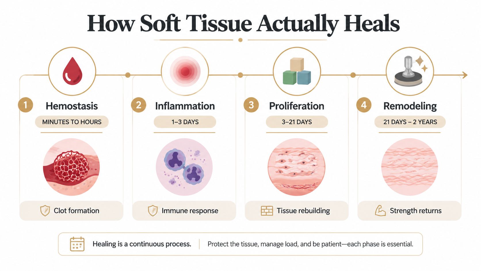A four-stage infographic explaining the biological timeline and recovery process of soft tissue healing.