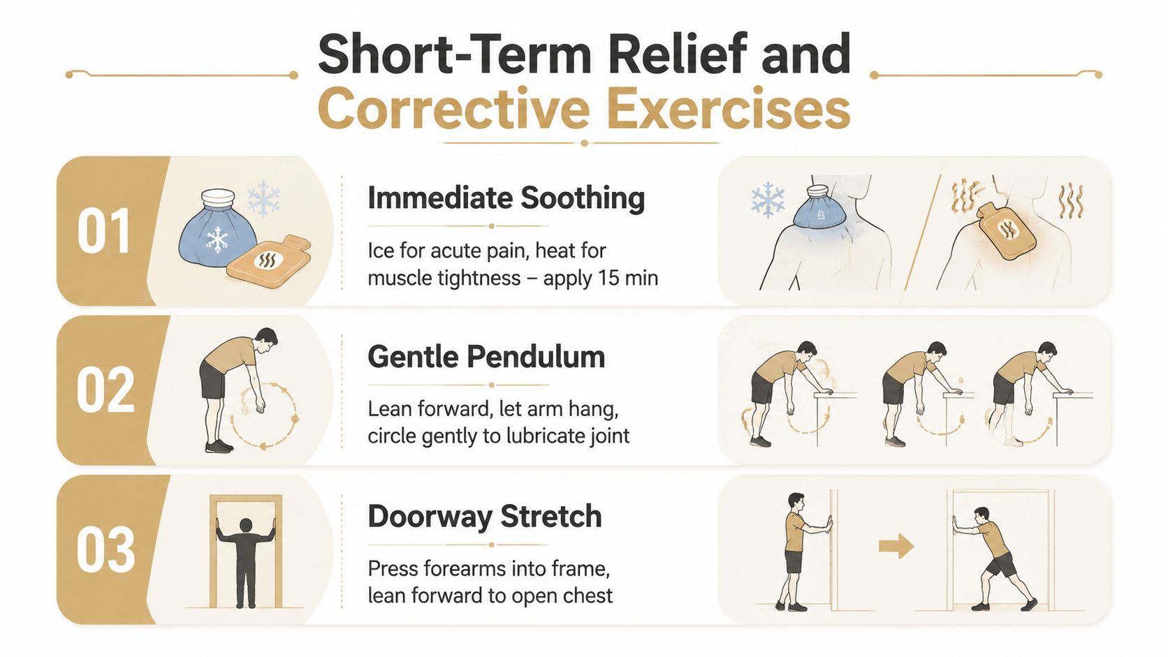 An infographic displaying three simple exercises and methods for providing short-term relief for shoulder pain.
