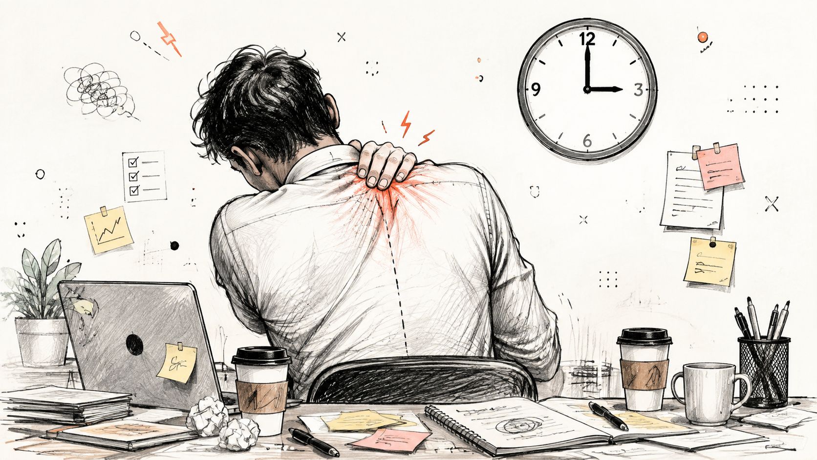 A person sitting at a desk with a laptop experiencing shoulder and neck pain from poor posture.
