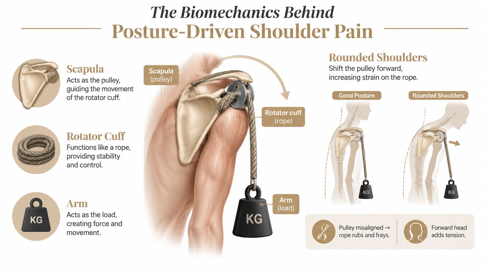 A biomechanical infographic explaining how poor posture causes shoulder pain using a pulley and rope analogy.