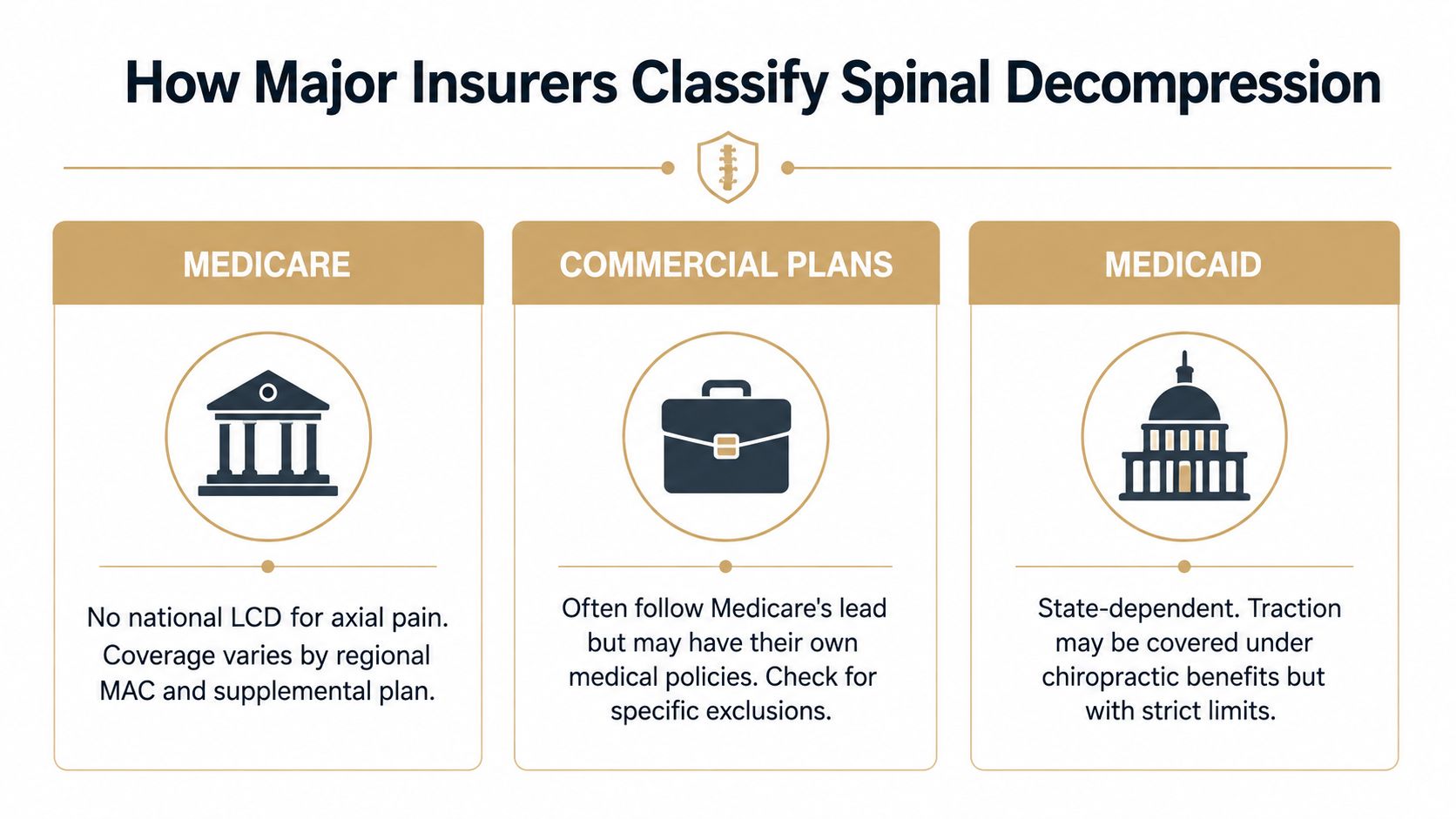 A chart illustrating how Medicare, Commercial Plans, and Medicaid classify insurance coverage for spinal decompression therapy.