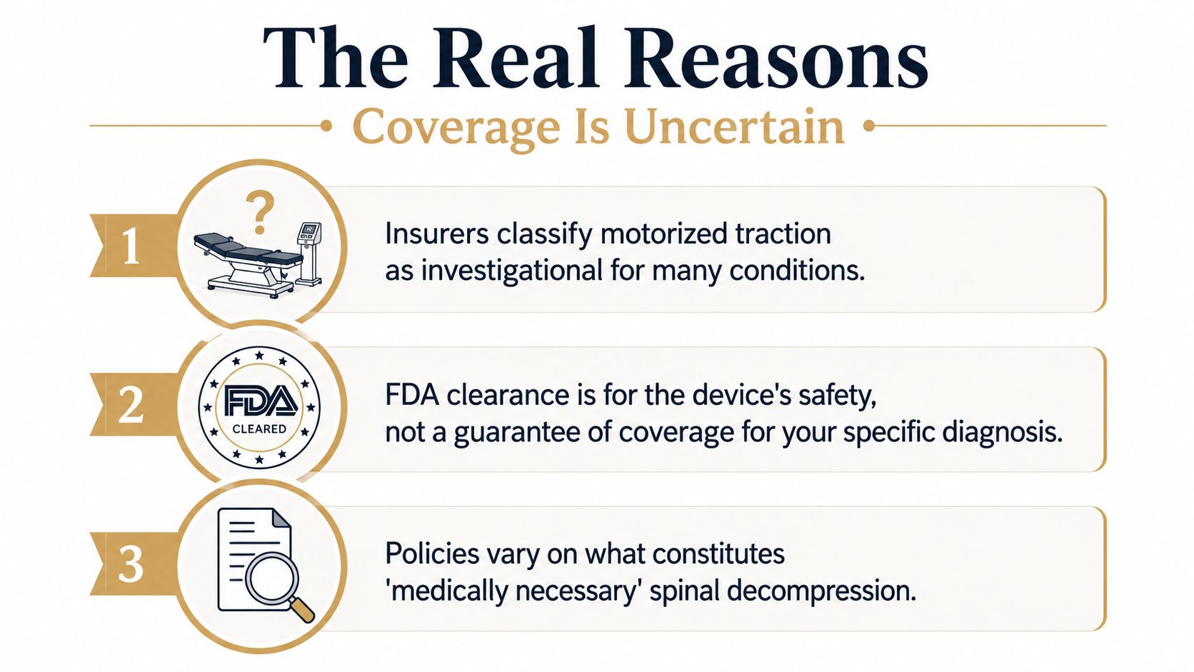 An infographic titled The Real Reasons Coverage Is Uncertain, explaining why spinal decompression insurance coverage varies.