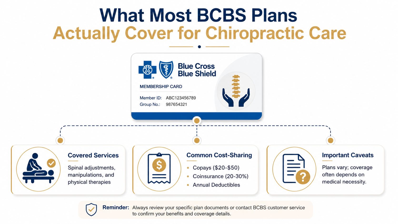 An infographic showing that Blue Cross Blue Shield plans typically cover chiropractic services, including adjustments and therapies.