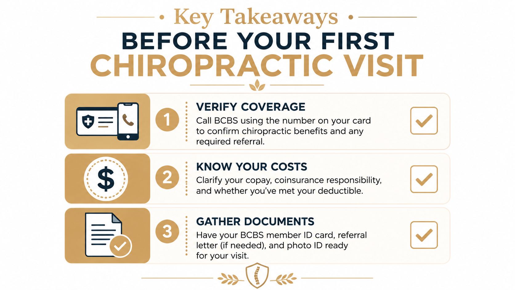 A helpful checklist guiding patients on how to prepare for their first chiropractic visit using BCBS insurance.
