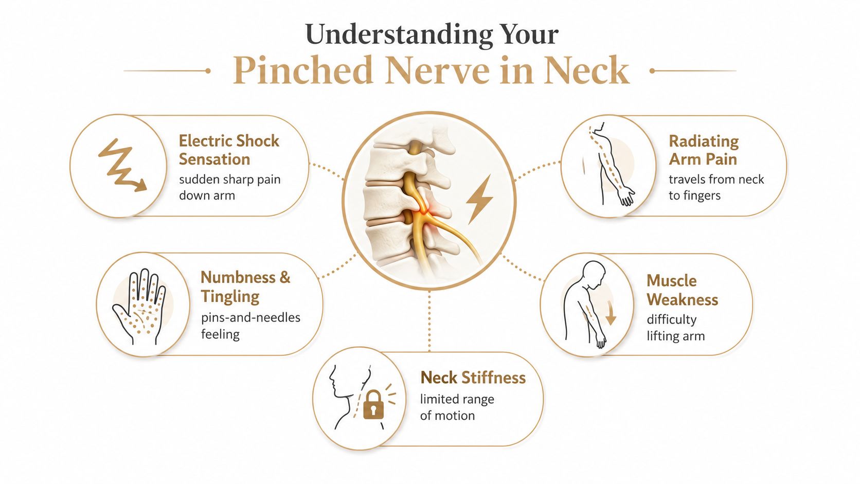 An infographic illustrating the common symptoms of a pinched nerve in the neck with anatomical diagrams.