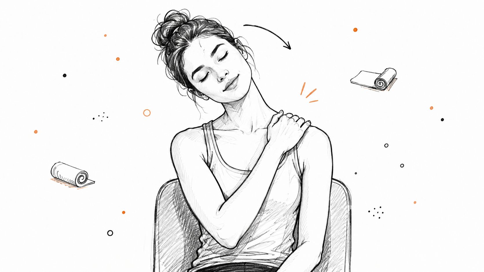 A sketched illustration of a woman performing a neck stretch exercise to relieve neck pain.