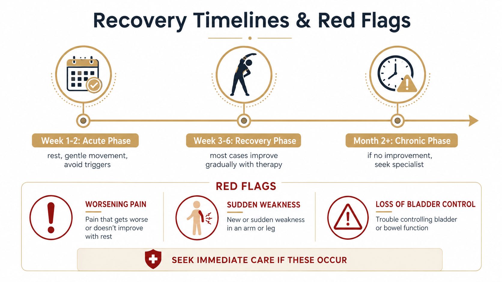 An infographic showing recovery timelines and red flags for a pinched nerve in the neck or body.