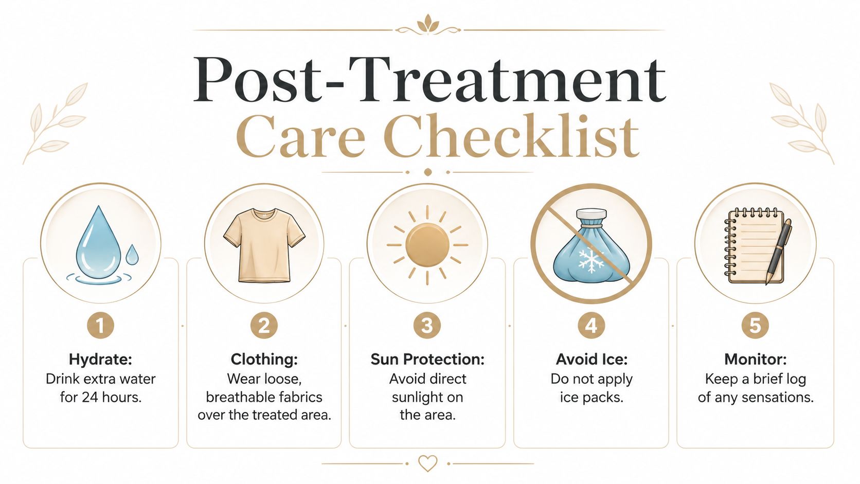 A Post-Treatment Care Checklist featuring five numbered icons with instructions for hydration, clothing, sun protection, avoiding ice, and monitoring.
