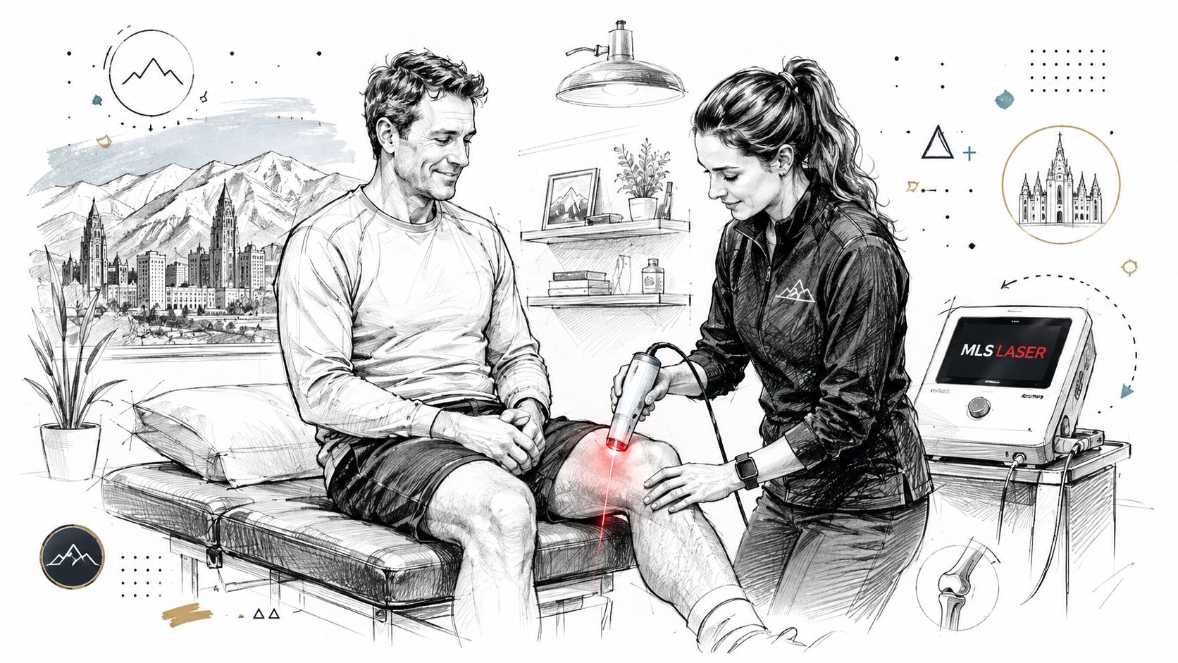 A professional therapist using an MLS laser device to perform therapy on a patient's knee in clinic.