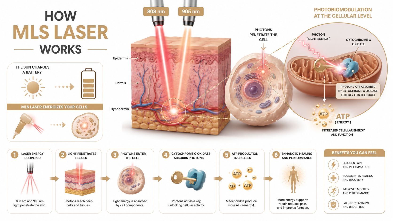 A diagram explaining how MLS laser therapy works at the cellular level by increasing ATP energy production.