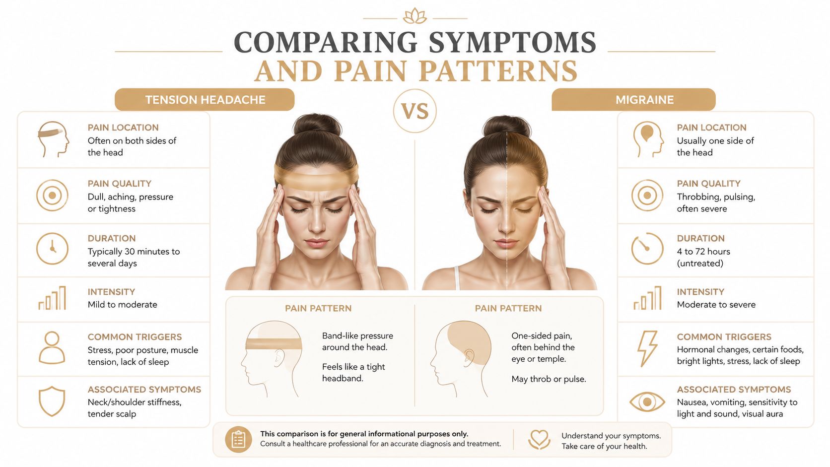 An infographic comparing symptoms and pain patterns between tension headaches and migraines with illustrative diagrams.