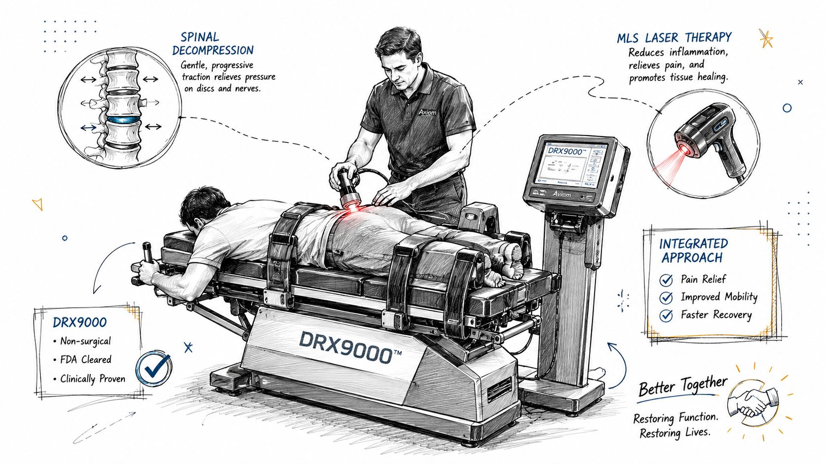 A patient undergoing spinal decompression therapy on a DRX9000 table combined with MLS laser treatment for pain relief.