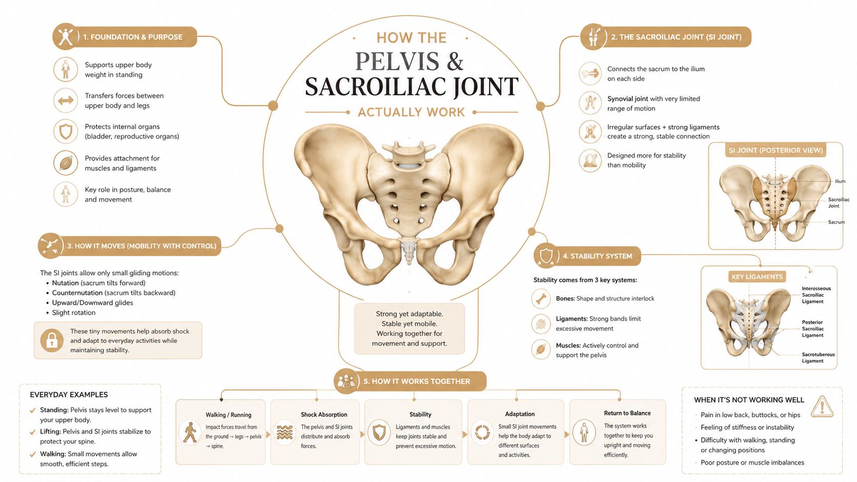 A detailed medical infographic explaining the anatomy, purpose, stability, and movement of the human pelvic structure.