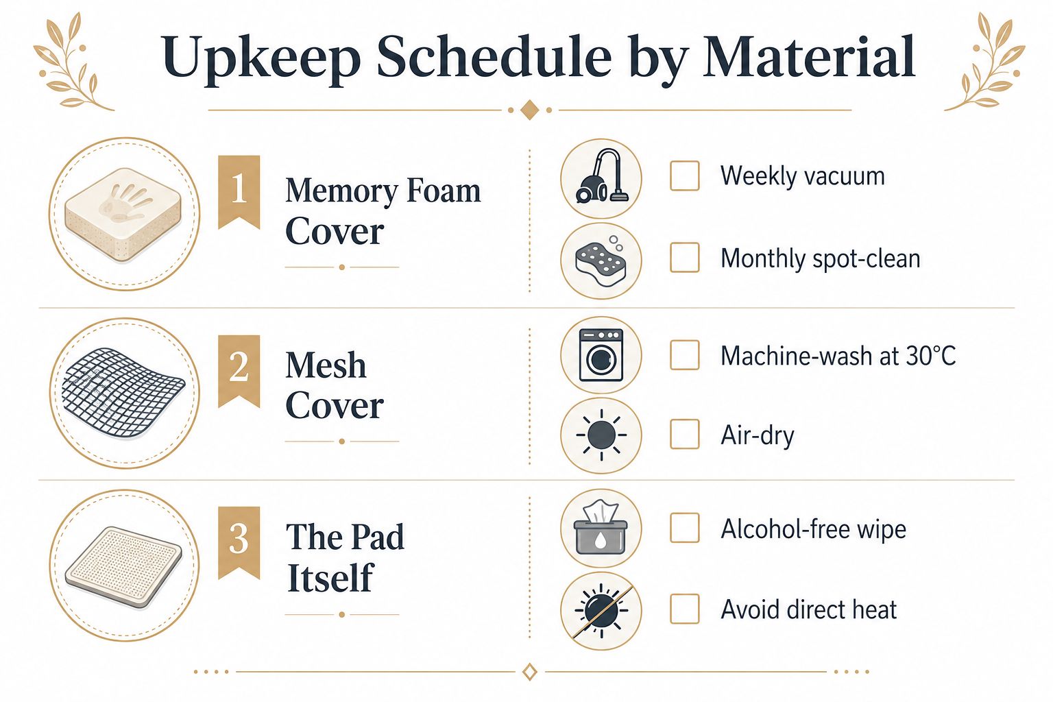 An infographic detailing the maintenance and cleaning schedule for a lumbar pad's various components and covers.