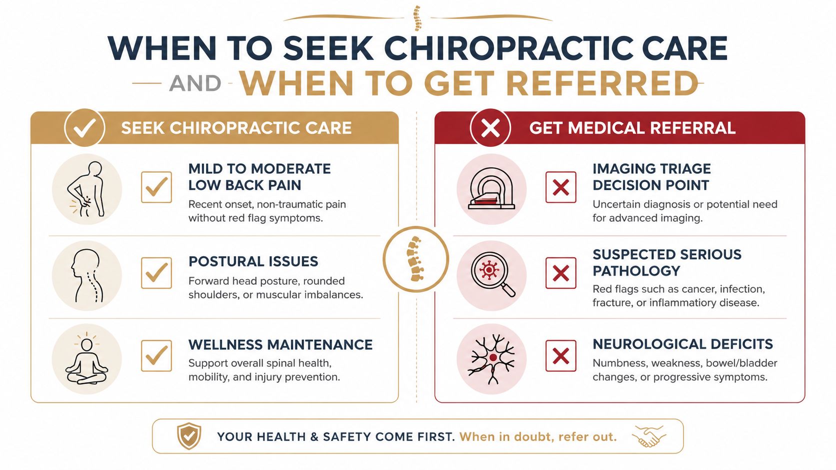 A comparative infographic showing when to seek chiropractic care versus when to get a medical referral.