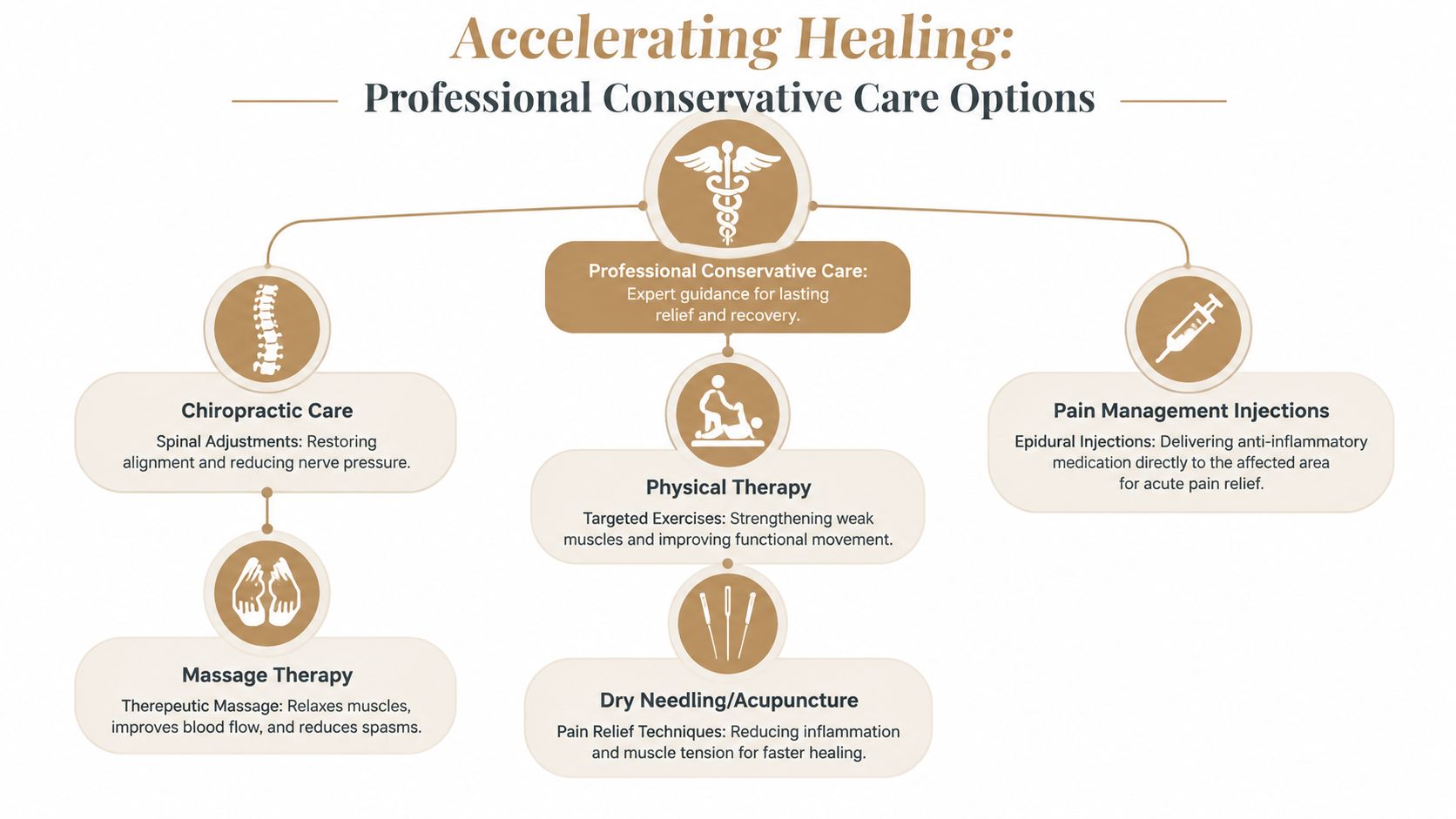 A flow chart outlining various professional conservative care options for pain management and physical recovery.