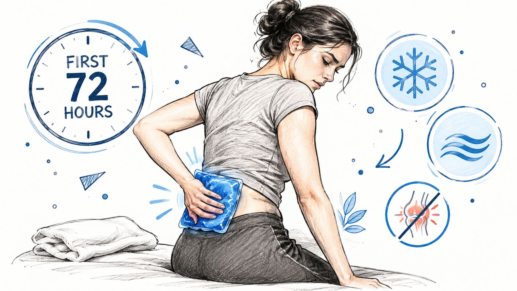 A woman applying an ice pack to her lower back to treat pain during the first 72 hours.