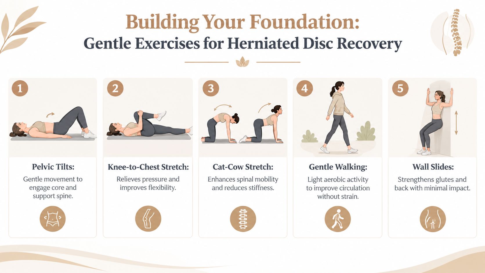 An infographic illustrating five gentle exercises for recovering from a herniated disc including pelvic tilts and walking.