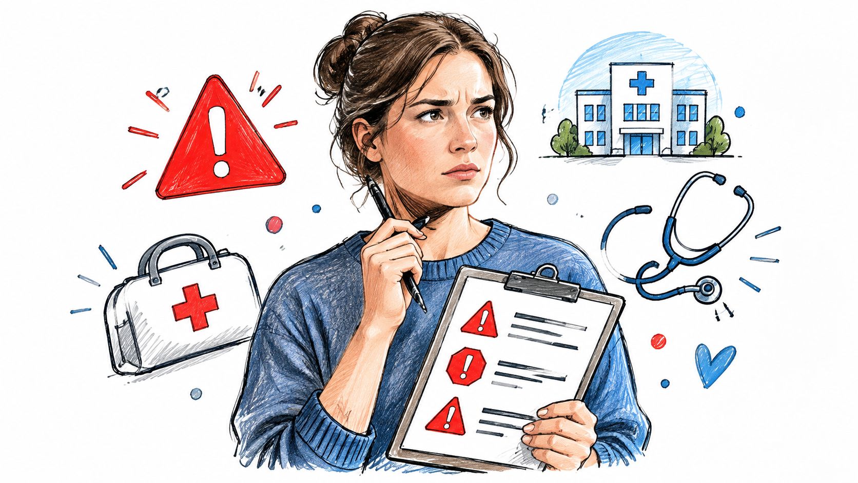 A concerned woman holding a clipboard with warning symbols, surrounded by medical icons including a hospital and stethoscope.