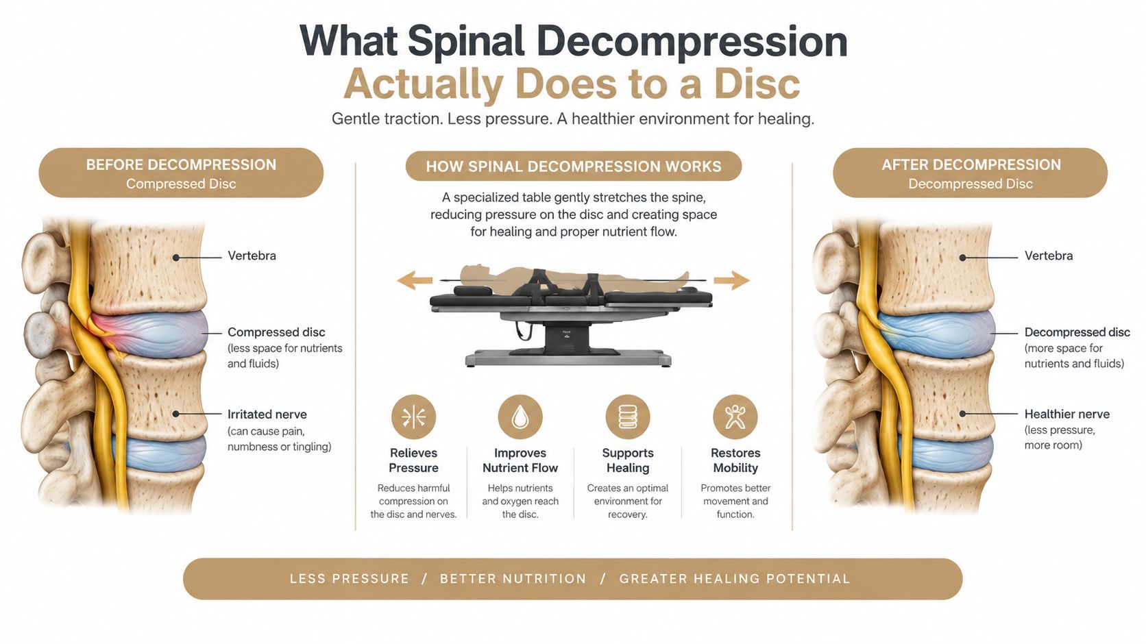 An infographic showing how spinal decompression therapy relieves pressure on spinal discs to aid healing.