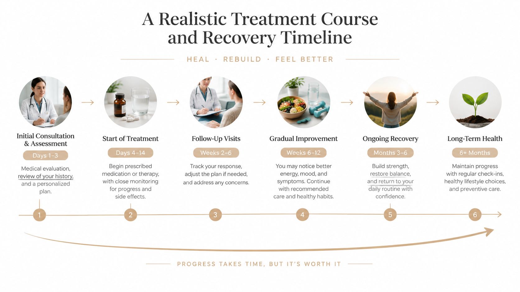A six-step infographic detailing a realistic medical treatment course and recovery timeline from initial consultation to long-term health.