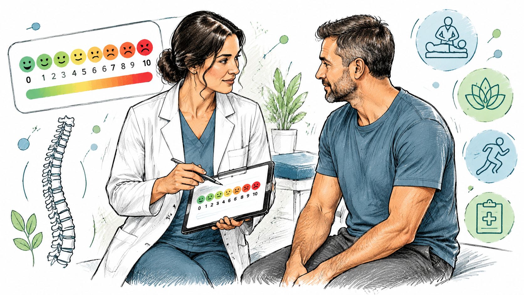 A doctor explaining a pain scale assessment to a patient during a consultation in a medical office.