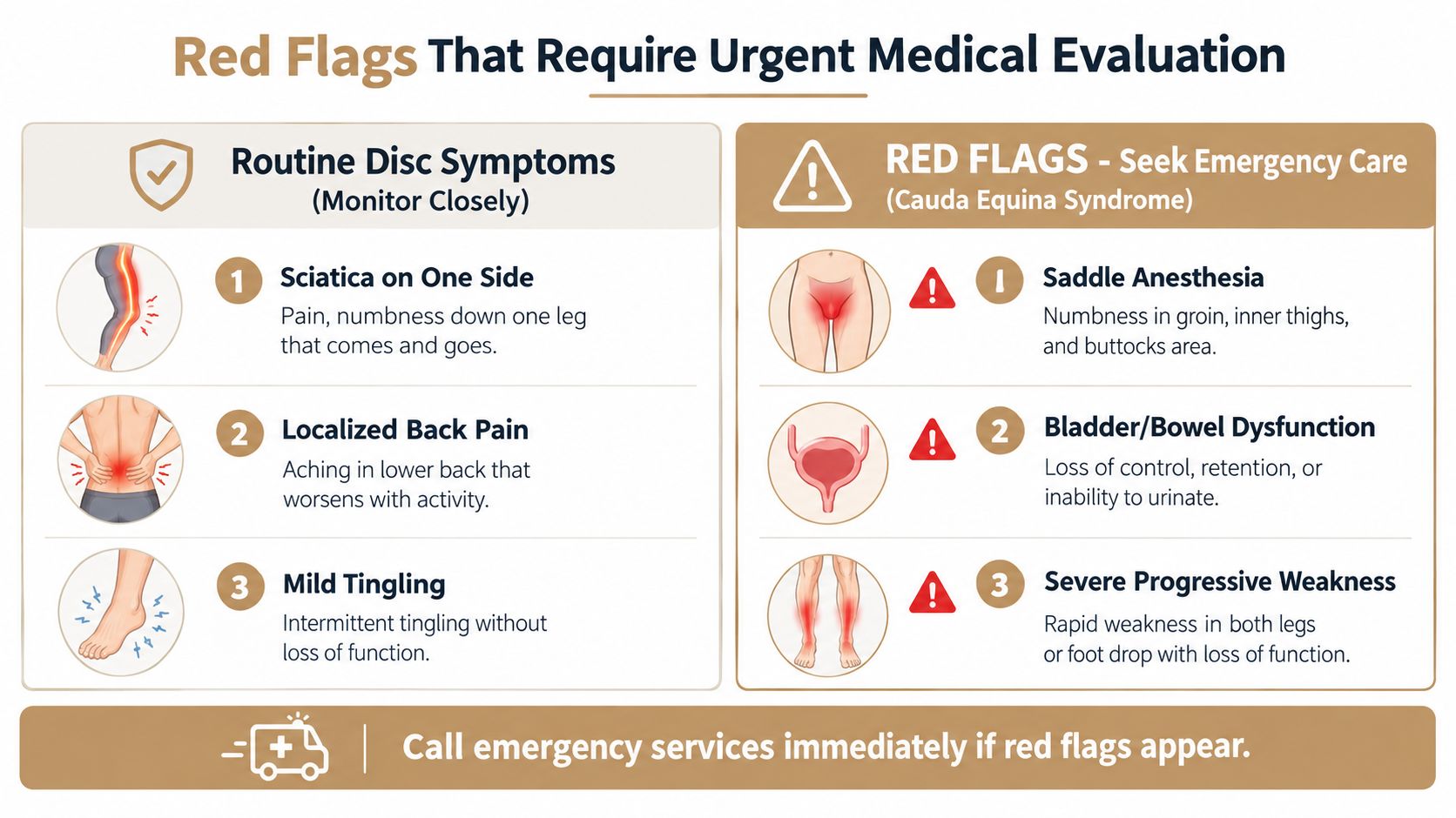 An infographic comparing routine back pain symptoms versus serious red flags indicating cauda equina syndrome.